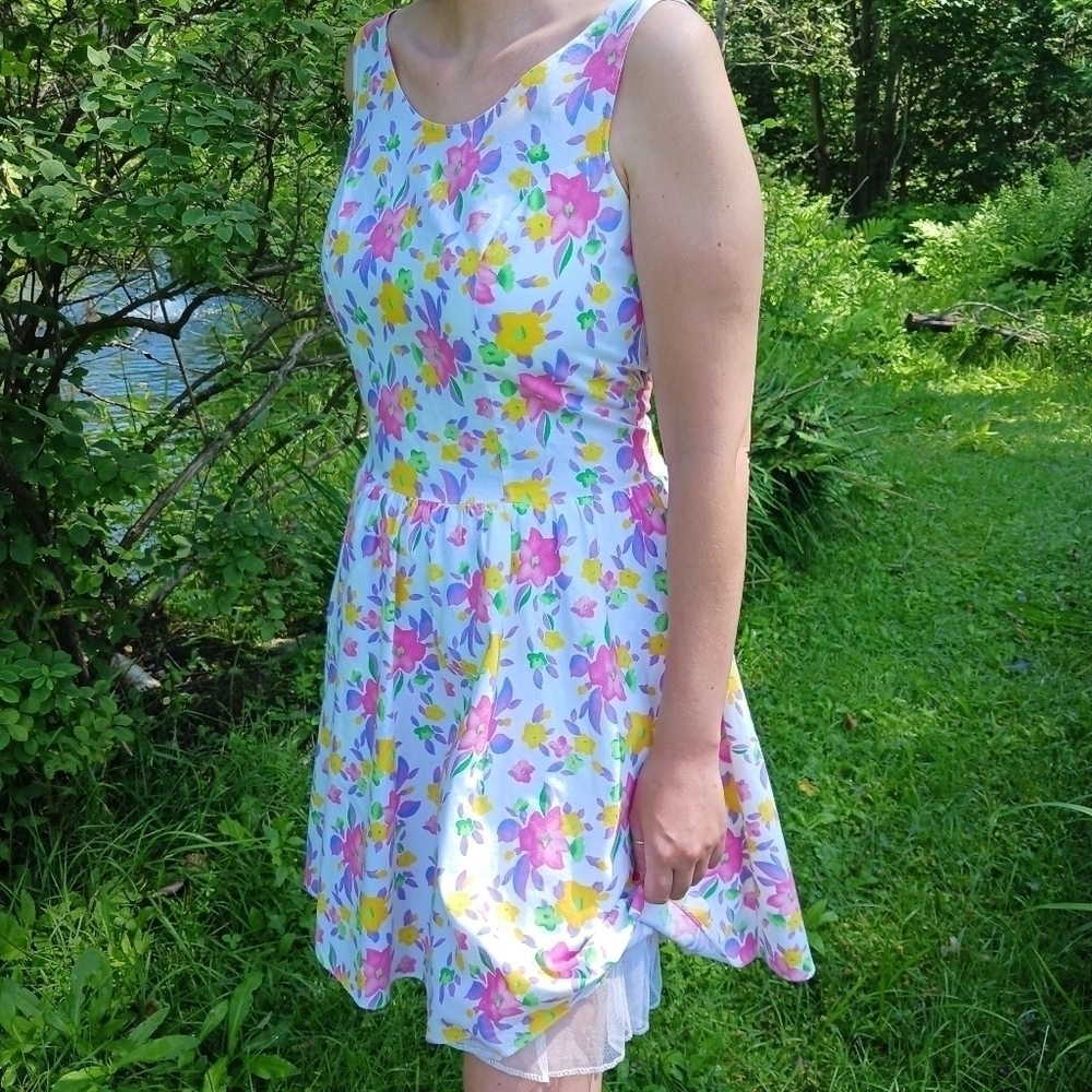 Vintage Floral Mini Dress - Pink, Yellow, Green